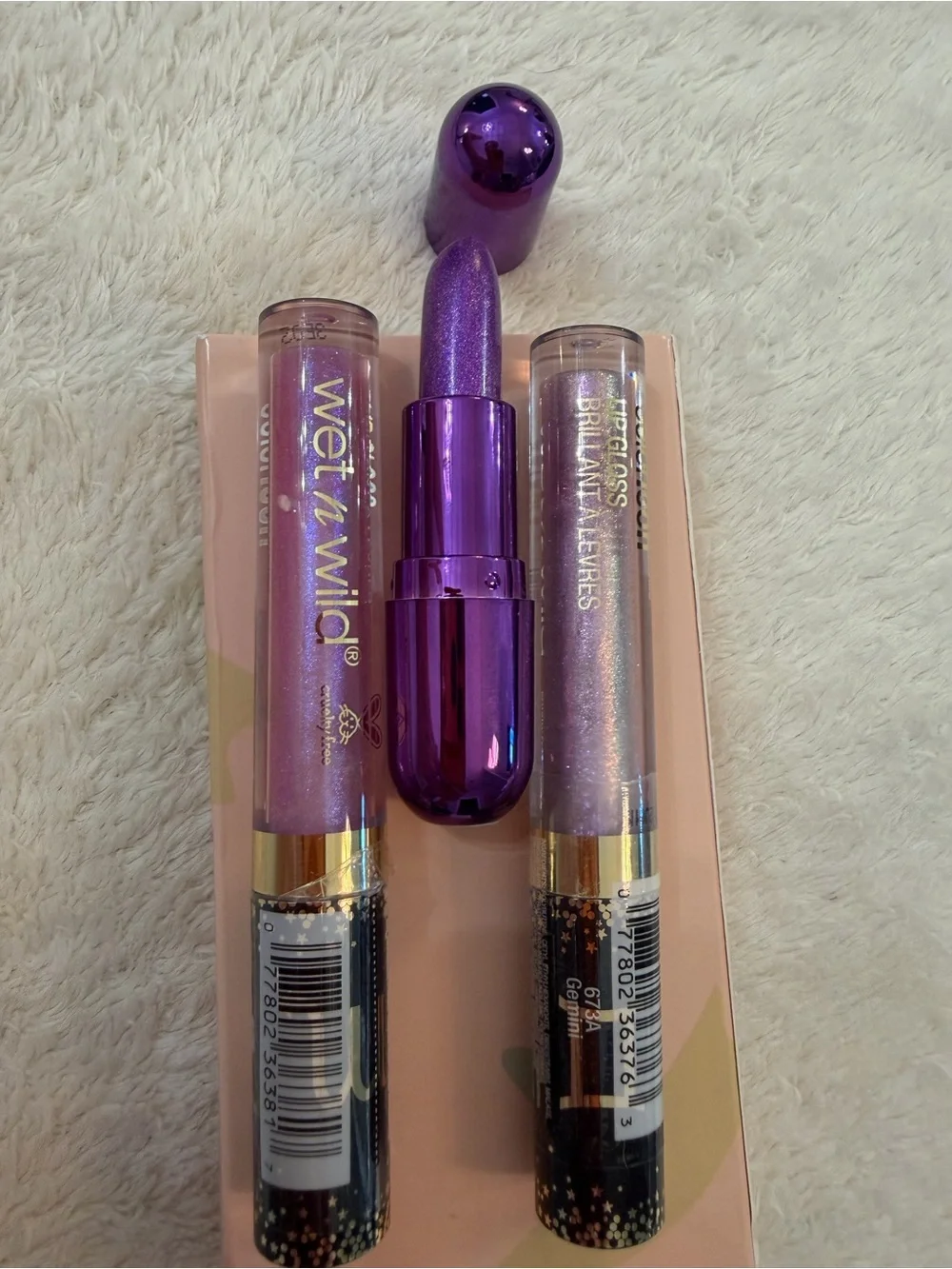 Winky Lux and Wet n wild lilac and purple lipstick and lip gloss tb